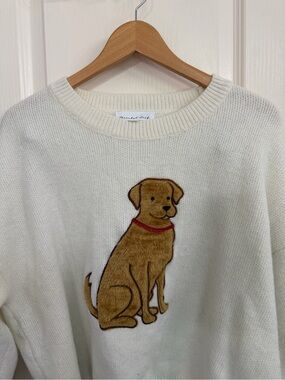 Threaded Leaf Cream Sweater with Embroidered  Dog